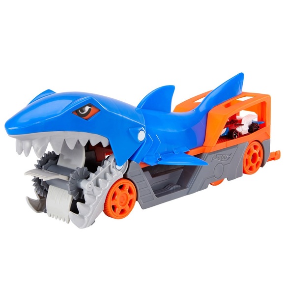 Hot Wheels Toy Car Playset Shark Chomp Transporter Connects Track Stores 5 Cars - Picture 1 of 4
